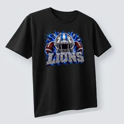 Sparkle graphic of a Lions football helmet with bold lettering — printed on a unisex t-shirt (angled view)
