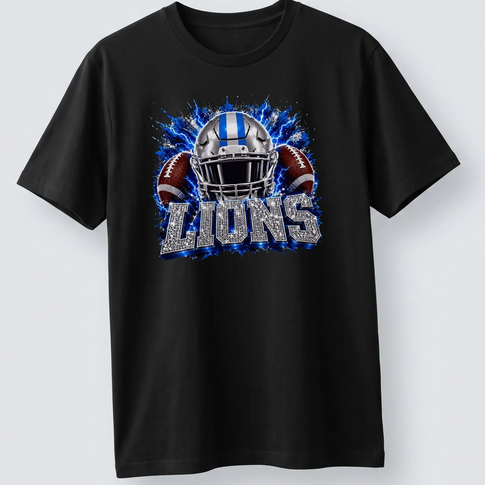 Sparkle graphic of a Lions football helmet with bold lettering — printed on a unisex t-shirt