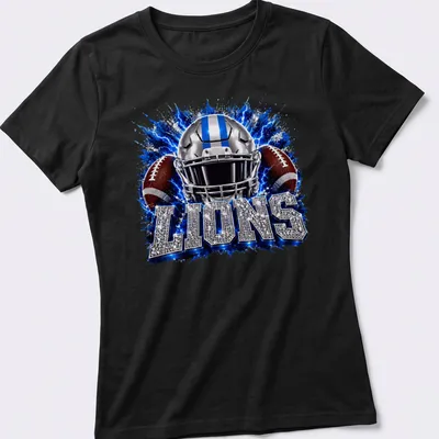 Sparkle graphic of a Lions football helmet with bold lettering — printed on a women's shirt