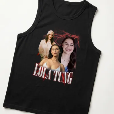 Retro vintage tee featuring bold print of Lola Tung's name in white, red, and black — printed on a tank top