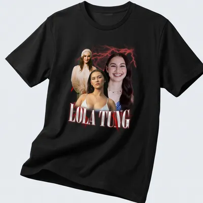 Retro vintage tee featuring bold print of Lola Tung's name in white, red, and black