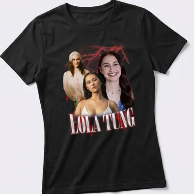 Retro vintage tee featuring bold print of Lola Tung's name in white, red, and black — printed on a women's shirt