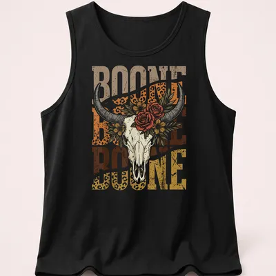 Vintage floral design with longhorn skull and the text Boone Boone Boone — printed on a tank top