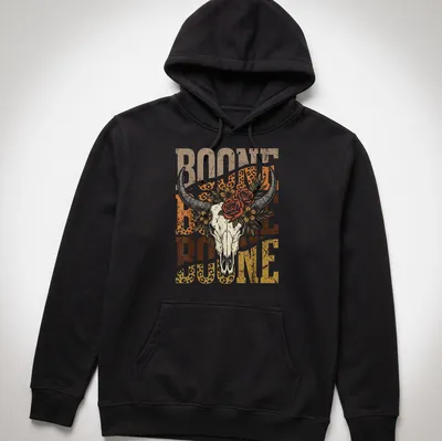 Vintage floral design with longhorn skull and the text Boone Boone Boone — printed on a unisex hoodie