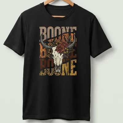 Vintage floral design with longhorn skull and the text Boone Boone Boone
