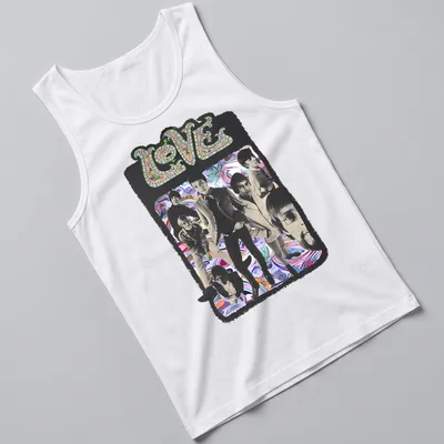 Psychedelic collage featuring the word LOVE and elements of the Love Band in vibrant colors — printed on a tank top