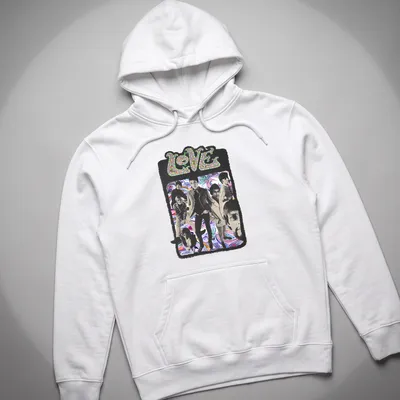 Psychedelic collage featuring the word LOVE and elements of the Love Band in vibrant colors — printed on a unisex hoodie