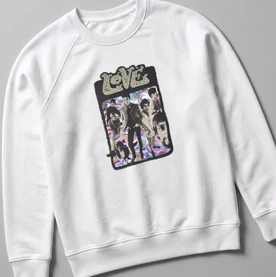 Psychedelic collage featuring the word LOVE and elements of the Love Band in vibrant colors — printed on a unisex sweatshirt