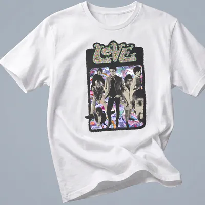 Psychedelic collage featuring the word LOVE and elements of the Love Band in vibrant colors