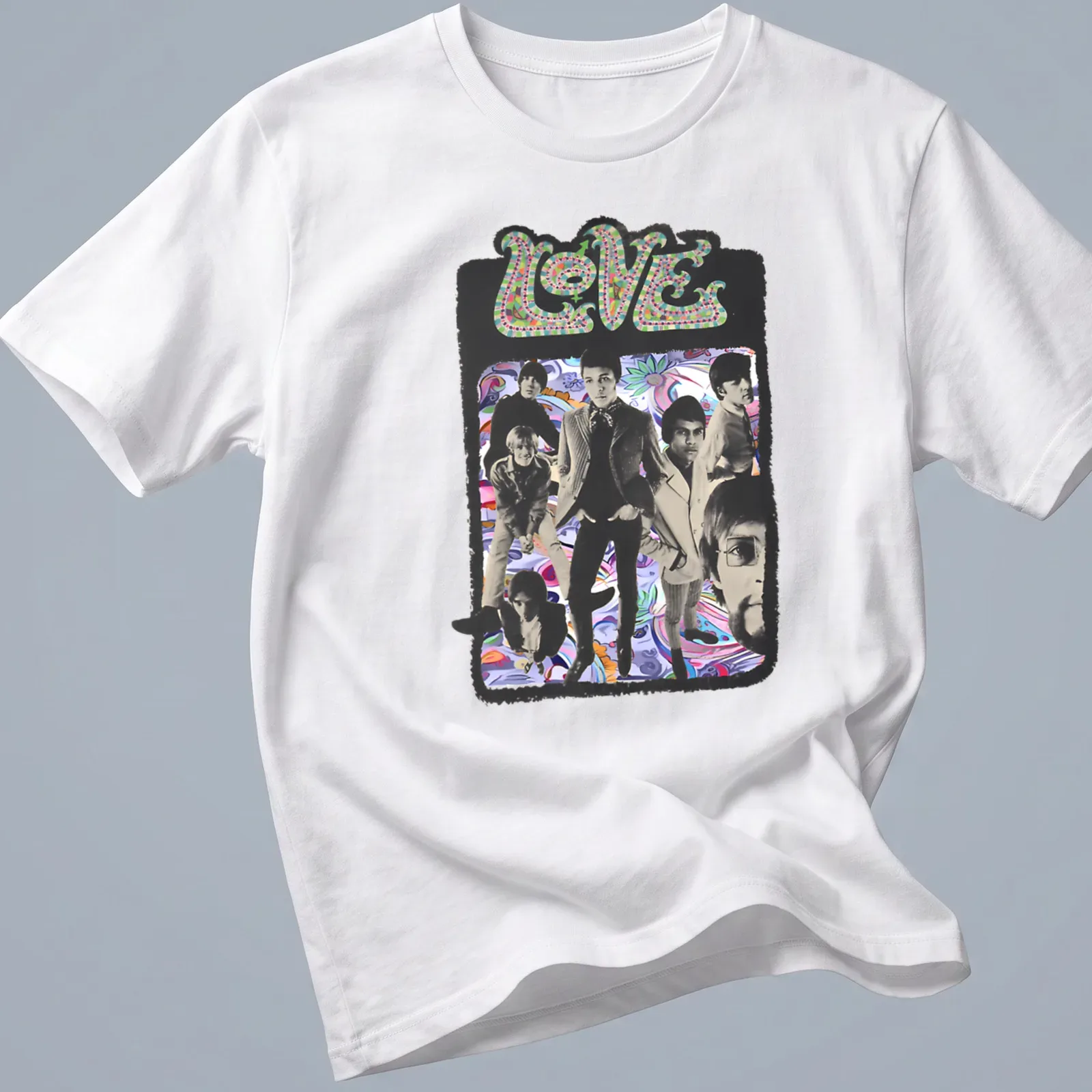 Psychedelic collage featuring the word LOVE and elements of the Love Band in vibrant colors — printed on a unisex t-shirt