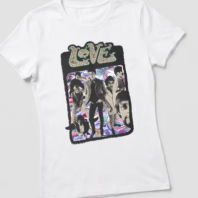 Psychedelic collage featuring the word LOVE and elements of the Love Band in vibrant colors — printed on a women's shirt
