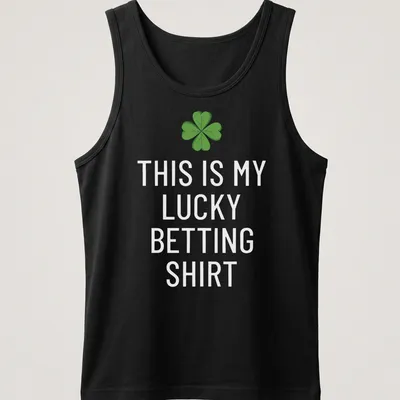 Cartoon style t-shirt with a four-leaf clover and text saying 'This Is My Lucky Betting Shirt' — printed on a tank top