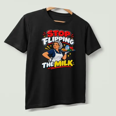 Cartoon lunch lady with food tray and colorful text saying Stop Flipping The Milk — printed on a unisex t-shirt (angled view)