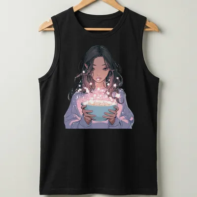 Digital illustration of a magical anime girl holding a bowl of stardust in pastel colors — printed on a tank top