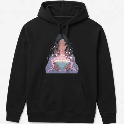 Digital illustration of a magical anime girl holding a bowl of stardust in pastel colors — printed on a unisex hoodie