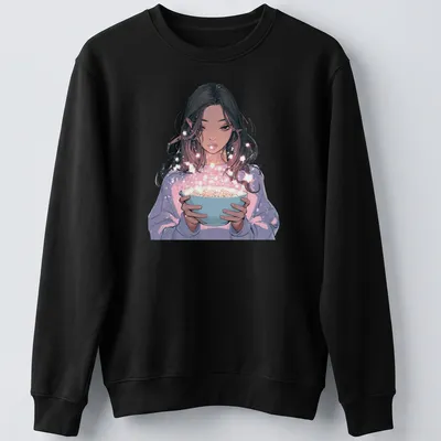 Digital illustration of a magical anime girl holding a bowl of stardust in pastel colors — printed on a unisex sweatshirt
