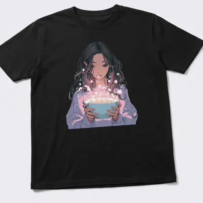 Digital illustration of a magical anime girl holding a bowl of stardust in pastel colors
