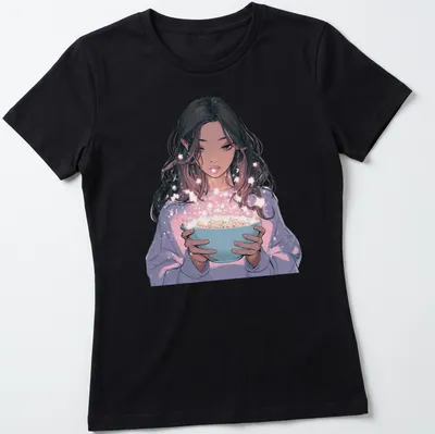 Digital illustration of a magical anime girl holding a bowl of stardust in pastel colors — printed on a women's shirt