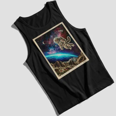 Vintage-style Maine Coon cat in astronaut suit above cosmic Earth horizon. — printed on a tank top