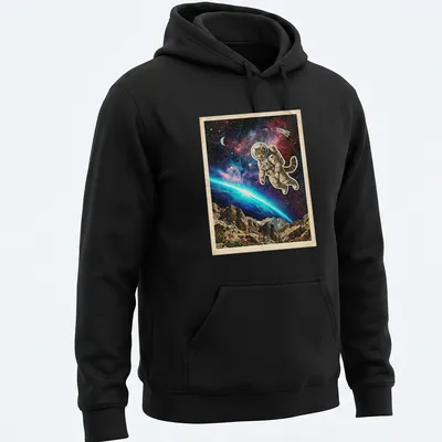 Vintage-style Maine Coon cat in astronaut suit above cosmic Earth horizon. — printed on a unisex hoodie