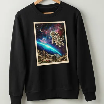 Vintage-style Maine Coon cat in astronaut suit above cosmic Earth horizon. — printed on a unisex sweatshirt
