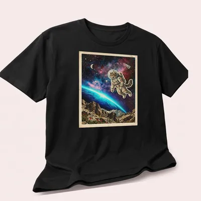 Vintage-style Maine Coon cat in astronaut suit above cosmic Earth horizon. — printed on a unisex t-shirt (angled view)