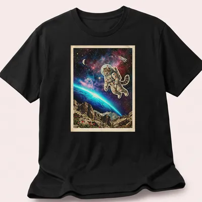 Vintage-style Maine Coon cat in astronaut suit above cosmic Earth horizon.