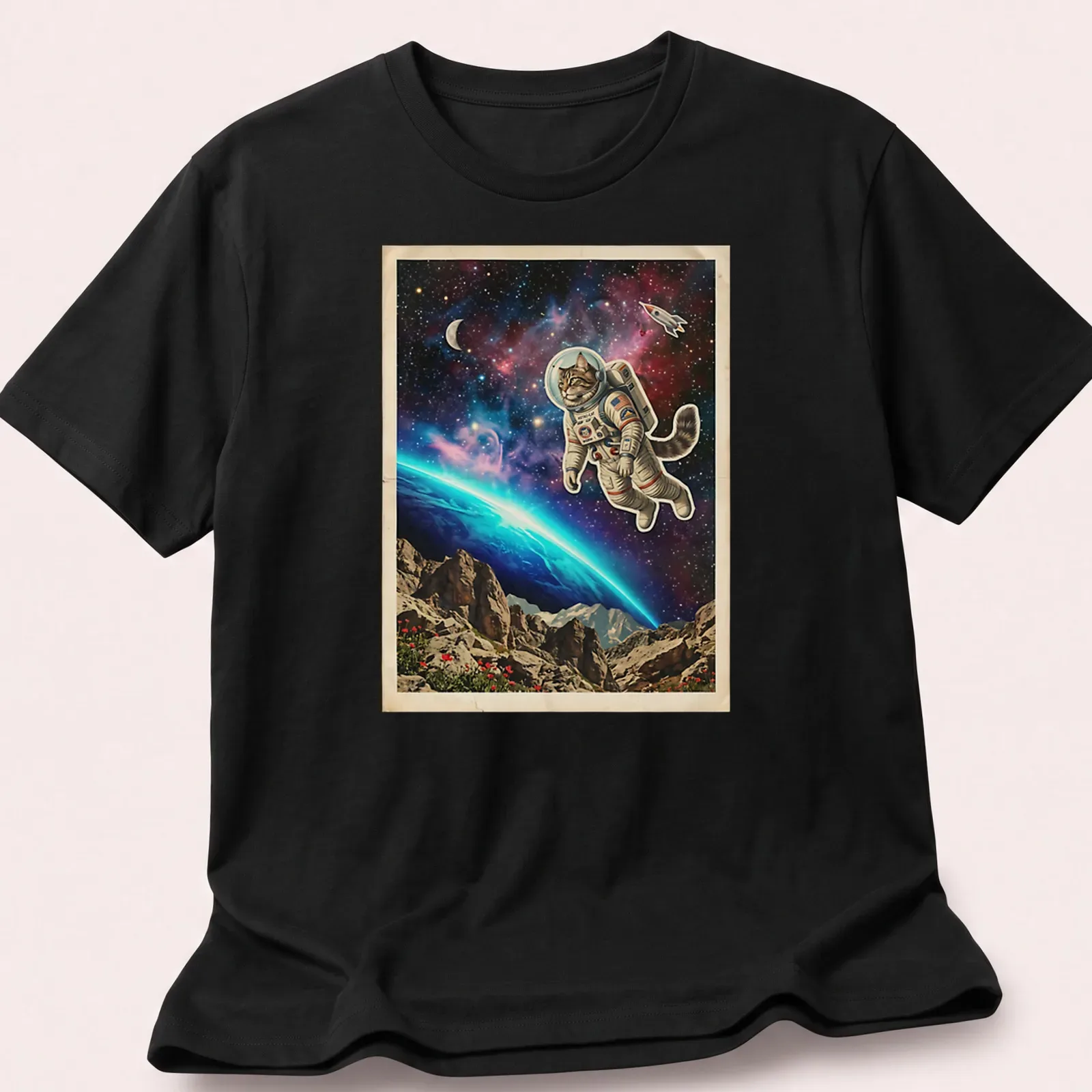 Vintage-style Maine Coon cat in astronaut suit above cosmic Earth horizon. — printed on a unisex t-shirt