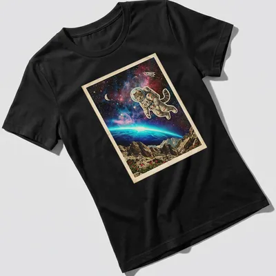 Vintage-style Maine Coon cat in astronaut suit above cosmic Earth horizon. — printed on a women's shirt