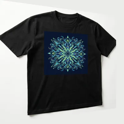 Intricate geometric marine mandala in vibrant bioluminescent colors. — printed on a unisex t-shirt (angled view)