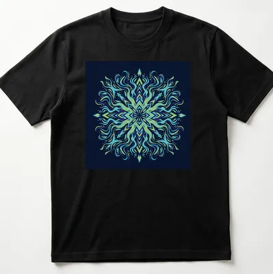 Intricate geometric marine mandala in vibrant bioluminescent colors.