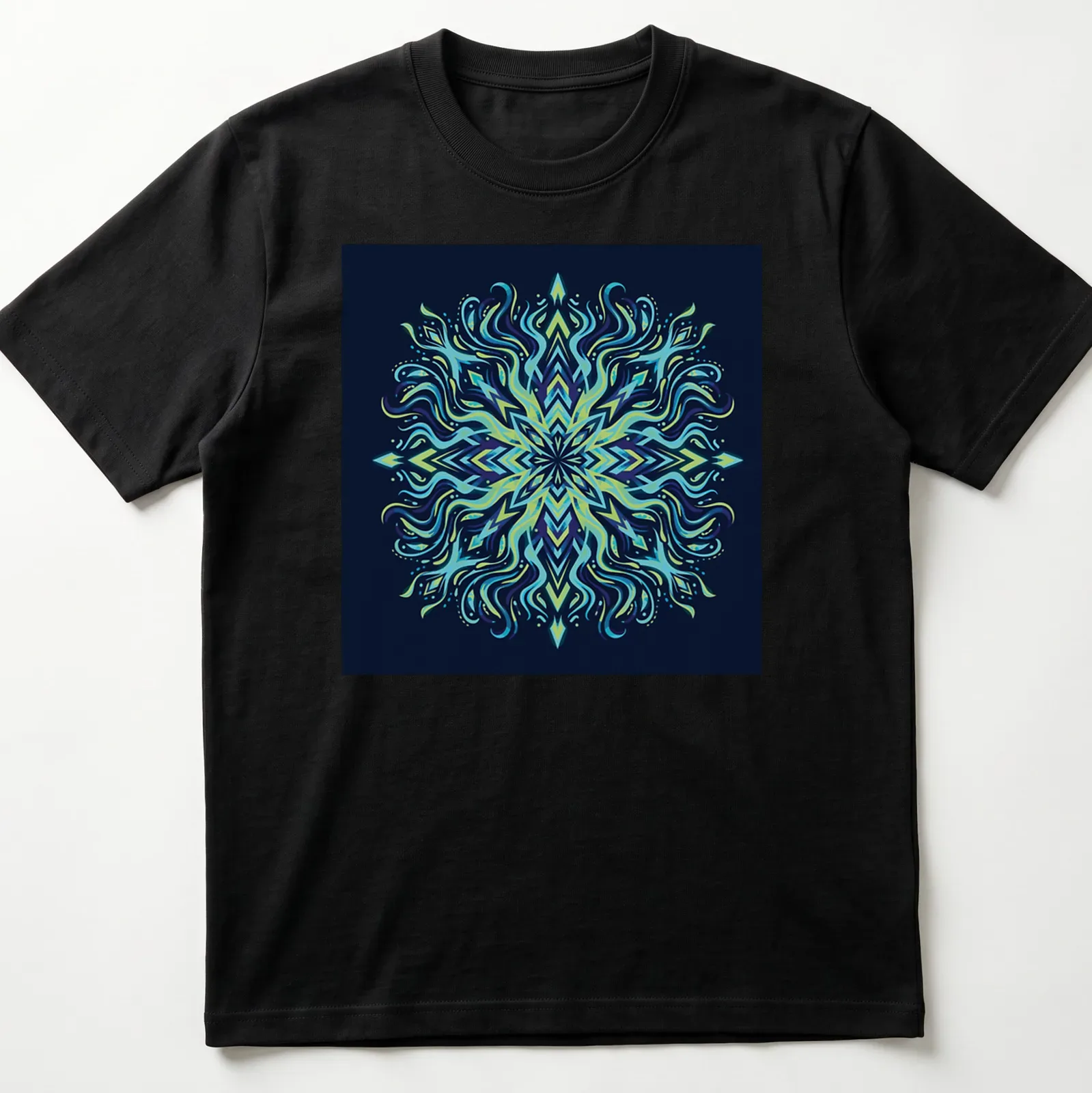 Intricate geometric marine mandala in vibrant bioluminescent colors. — printed on a unisex t-shirt
