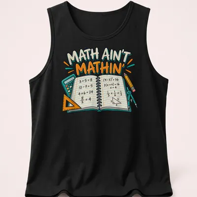 Colorful cartoon math-themed t-shirt featuring equations and playful text. — printed on a tank top