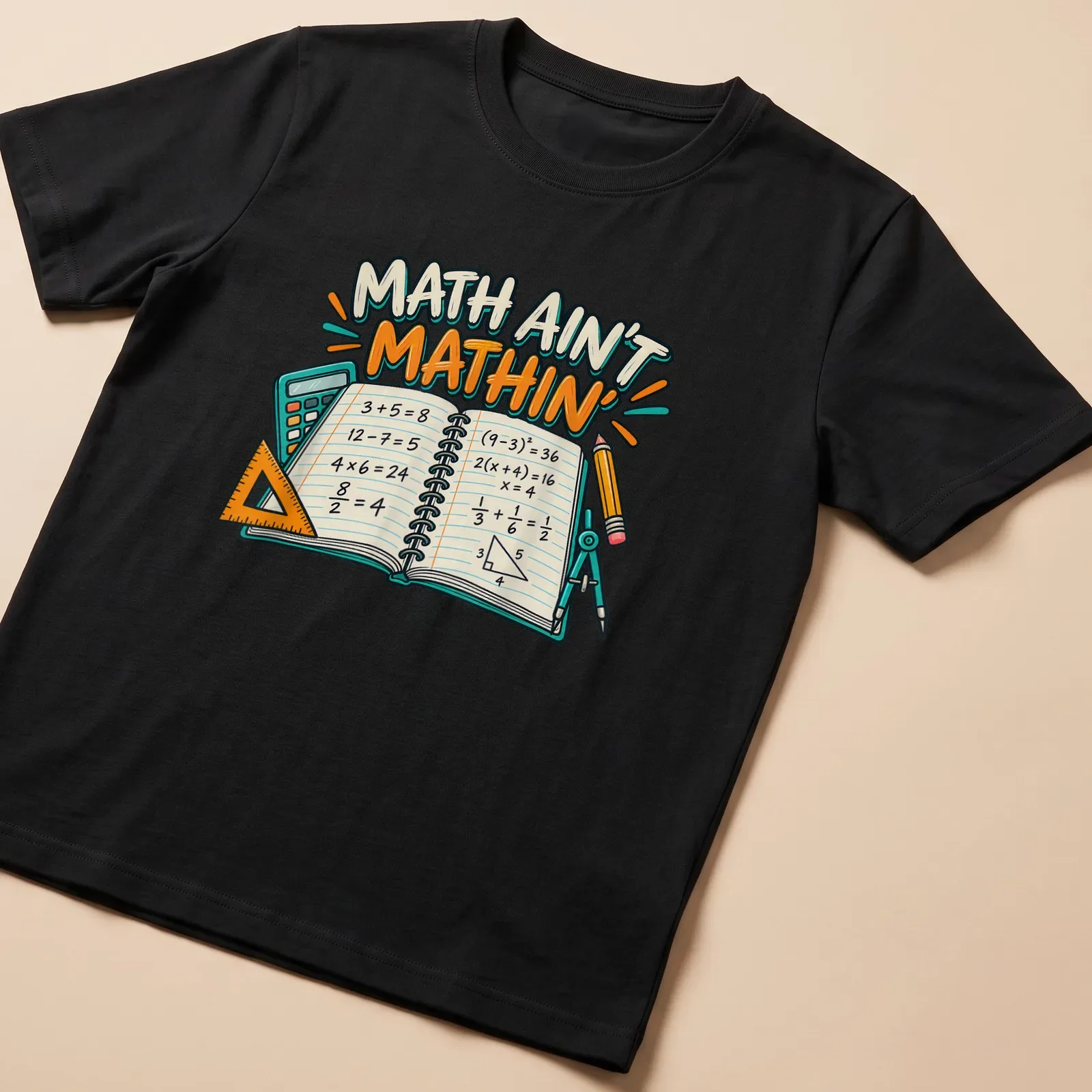 Colorful cartoon math-themed t-shirt featuring equations and playful text. — printed on a unisex t-shirt