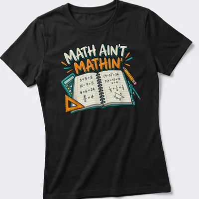 Colorful cartoon math-themed t-shirt featuring equations and playful text. — printed on a women's shirt