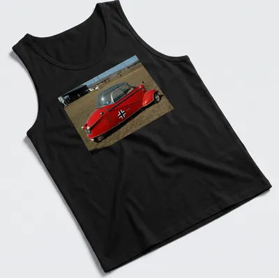Realistic print of a red microcar with Festival Of Flight text — printed on a tank top