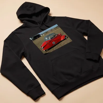 Realistic print of a red microcar with Festival Of Flight text — printed on a unisex hoodie