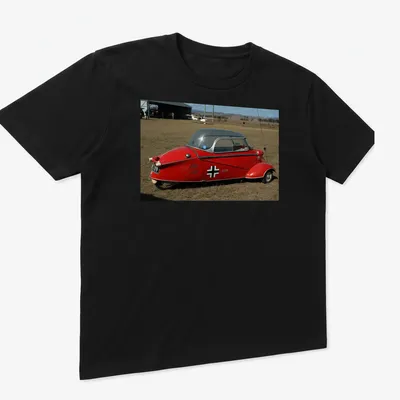 Realistic print of a red microcar with Festival Of Flight text — printed on a unisex t-shirt (angled view)