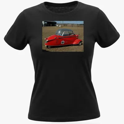 Realistic print of a red microcar with Festival Of Flight text — printed on a women's shirt