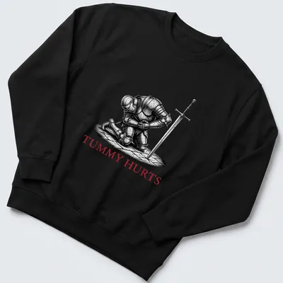 Dark humor T-shirt featuring a Medieval knight with the text 'TUMMY HURTS' in black, white, and red. — printed on a unisex sweatshirt