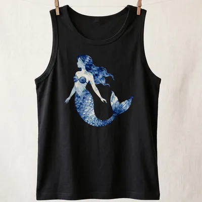 Watercolor design of a mermaid swimming in a blue ocean scene — printed on a tank top