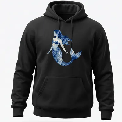 Watercolor design of a mermaid swimming in a blue ocean scene — printed on a unisex hoodie