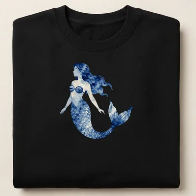 Watercolor design of a mermaid swimming in a blue ocean scene — printed on a unisex sweatshirt