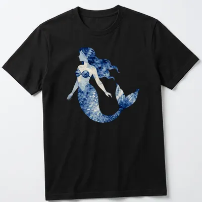 Watercolor design of a mermaid swimming in a blue ocean scene