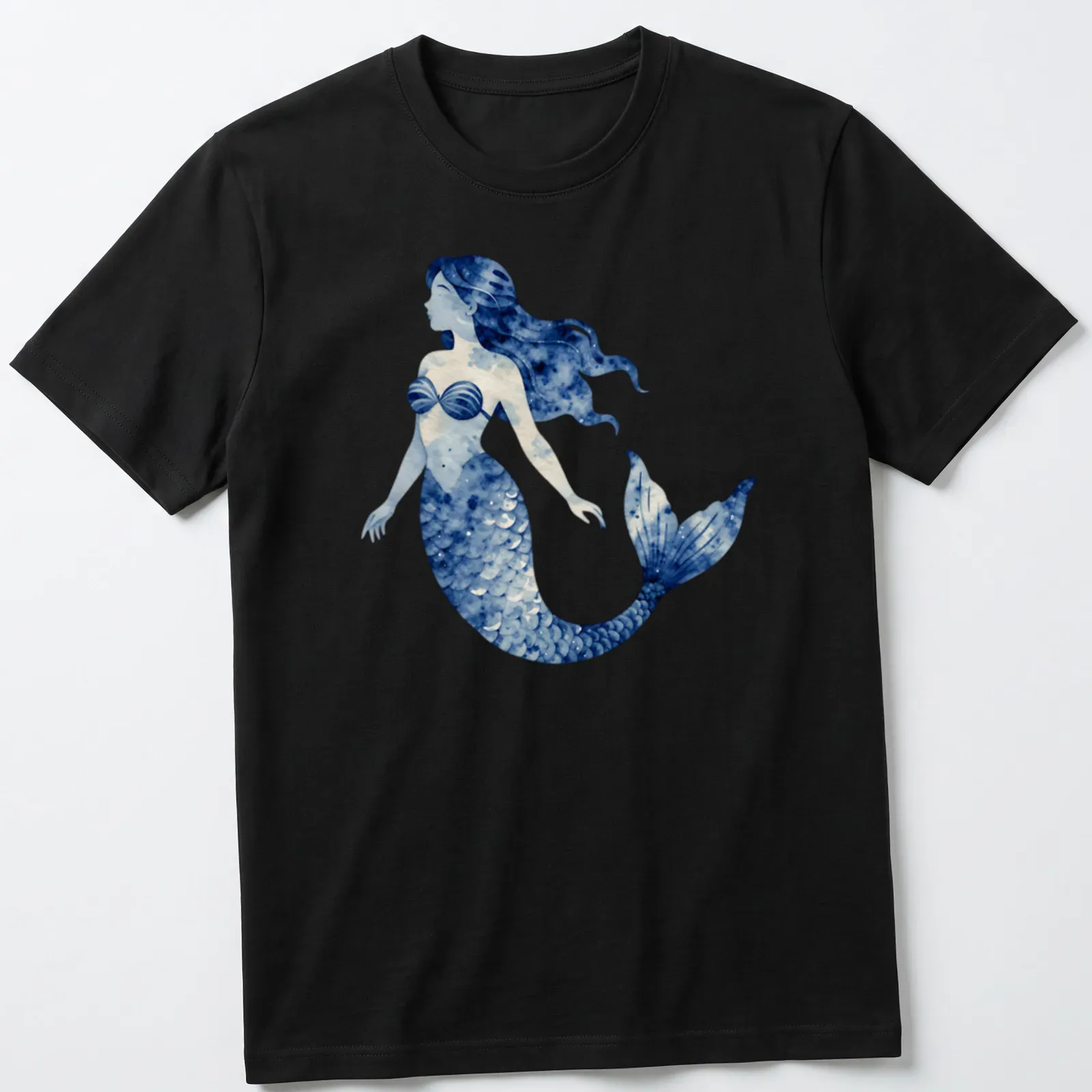 Watercolor design of a mermaid swimming in a blue ocean scene — printed on a unisex t-shirt