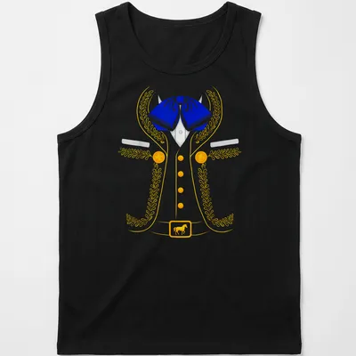 Colorful illustration of a Mexican Charro costume in blue, yellow, and white — printed on a tank top