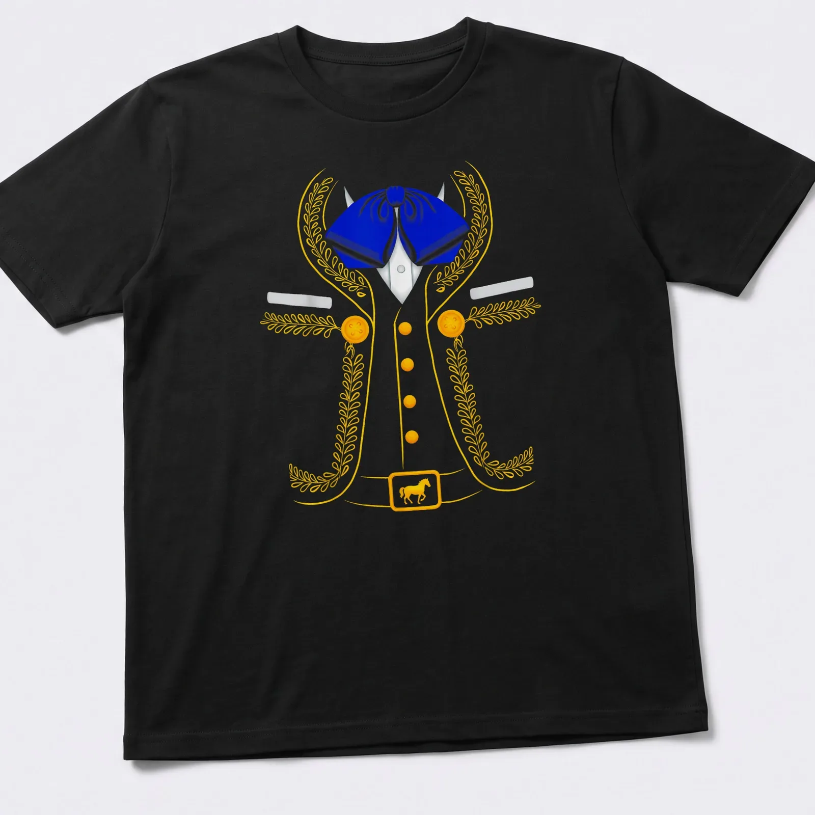 Colorful illustration of a Mexican Charro costume in blue, yellow, and white — printed on a unisex t-shirt