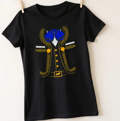 Colorful illustration of a Mexican Charro costume in blue, yellow, and white — printed on a women's shirt