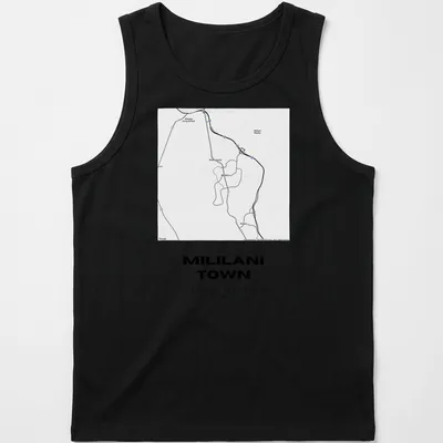 Minimalist print of Mililani Town map coordinates in black and white — printed on a tank top