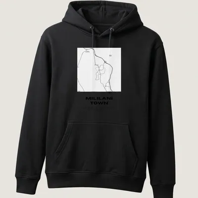 Minimalist print of Mililani Town map coordinates in black and white — printed on a unisex hoodie